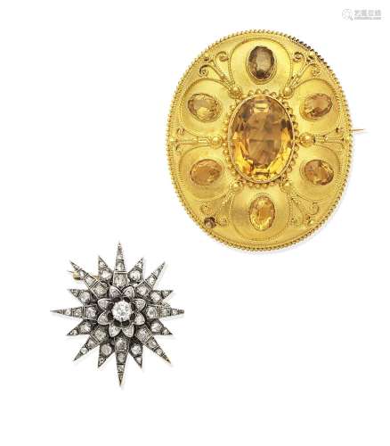 (2) A mid 19th century citrine brooch and a diamond star brooch, circa 1890