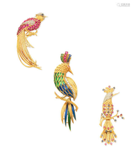 (3) Three gem-set and enamel bird brooches
