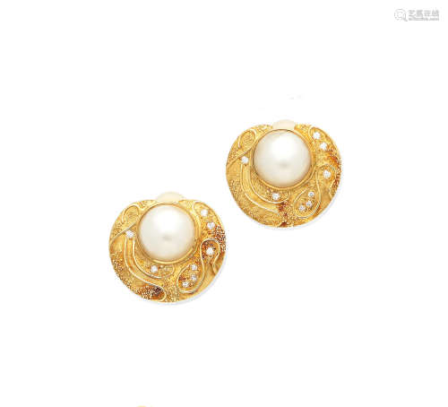 A pair of cultured mabé pearl and diamond 'Shiraz' earclips, by Elizabeth Gage