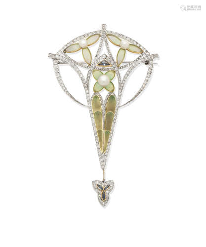 An Art Nouveau enamel, pearl, sapphire and diamond brooch/pendant, circa 1905