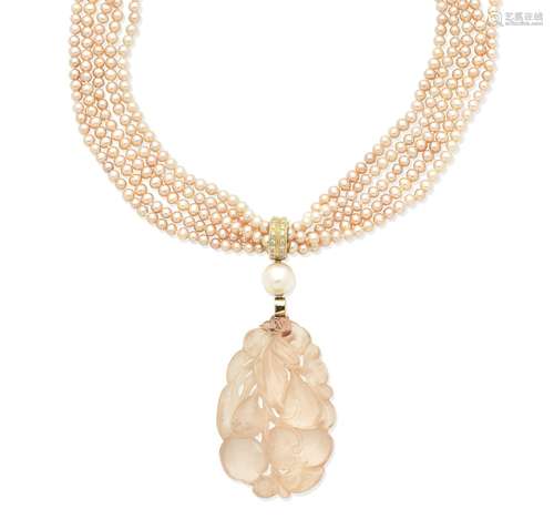 A rose quartz and cultured pearl multi-strand necklace