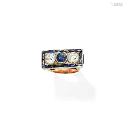 A sapphire, synthetic sapphire and diamond ring, circa 1940