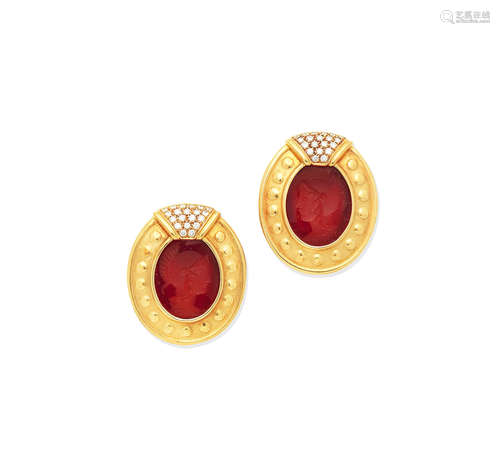 A pair of diamond and hardstone intaglio earrings