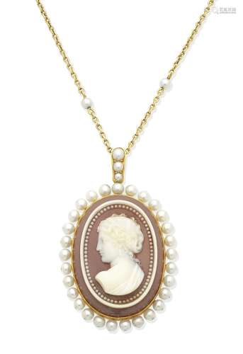 (2) A hardstone cameo, circa 1870, and a pearl necklace, circa 1900