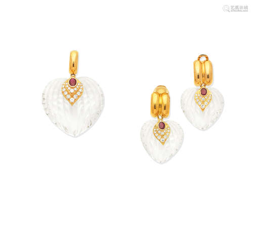 (2) A rock crystal, ruby and diamond earclip and pendant suite