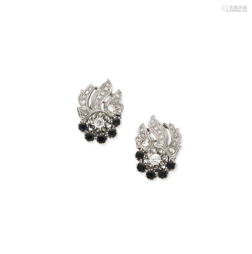 A pair of sapphire and diamond earclips