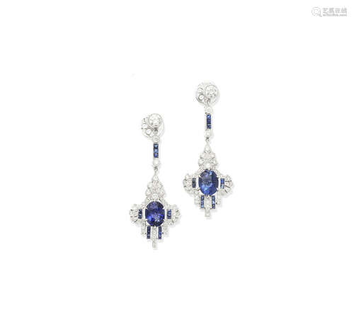 A pair of sapphire and diamond pendent earrings