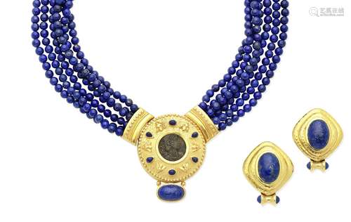 (2) A lapis lazuli bead necklace and a pair of lapis lazuli earclips