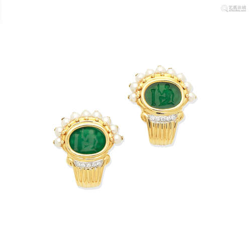 A pair of green hardstone intalgio, cultured pearl and diamond  earclips