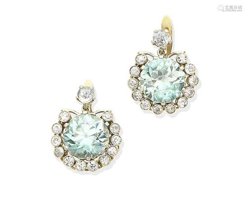 A pair of zircon, aquamarine and diamond earrings