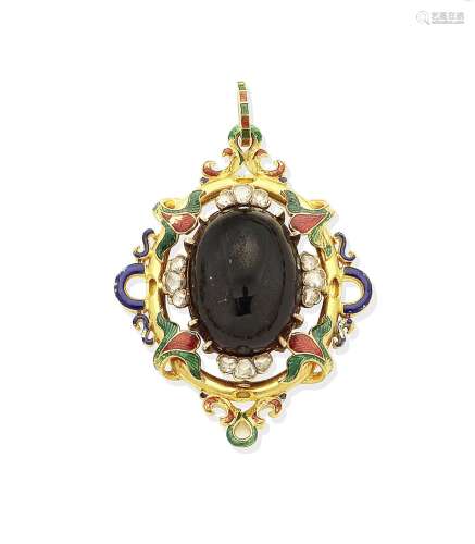 An enamel, garnet and diamond Holbeinesque pendant, circa 1870