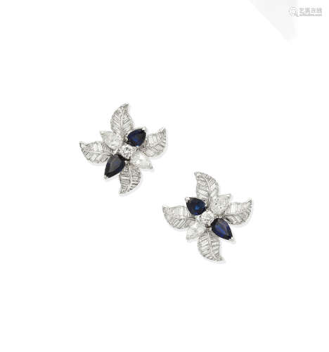 A pair of sapphire and diamond floral earclips