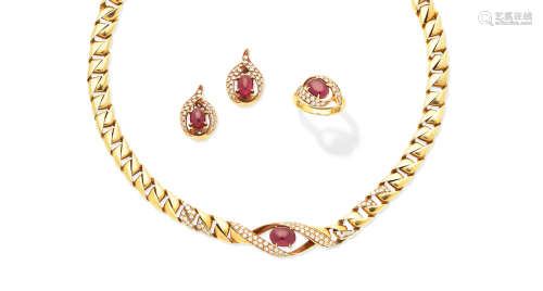 (3) A ruby and diamond necklace, ring and earclip suite, by Cartier