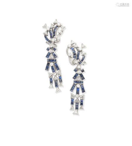 A pair of sapphire and diamond pendent earrings