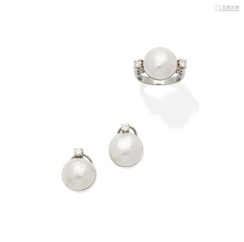 (2) A cultured mabé pearl ring and earring suite