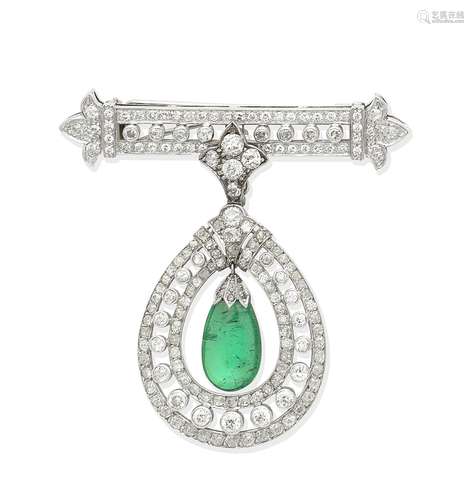 An emerald and diamond pendant/brooch