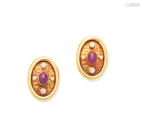 A pair of ruby and diamond earclips, by Lalaounis