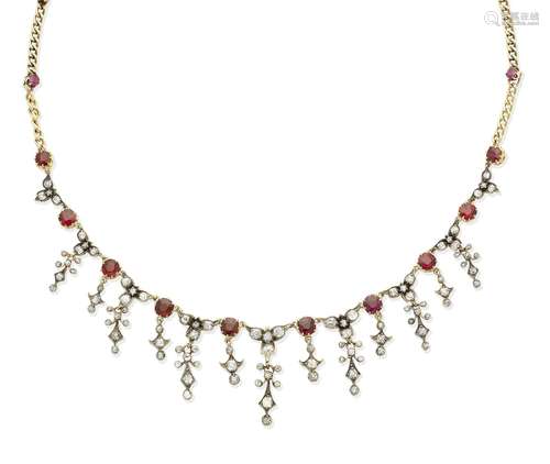 A garnet, ruby, spinel and diamond fringe necklace