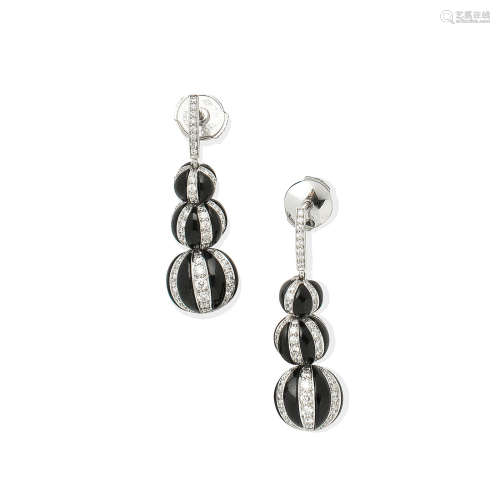 A pair of black jade and diamond earrings, by Tiffany