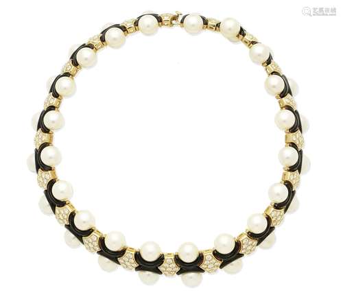 A cultured pearl, enamel and diamond collar