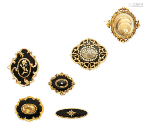 (6) A collection of mid-19th century mourning brooches