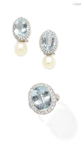 An aquamarine and diamond cluster ring and a pair of aquamarine, cultured pearl and diamond earclips