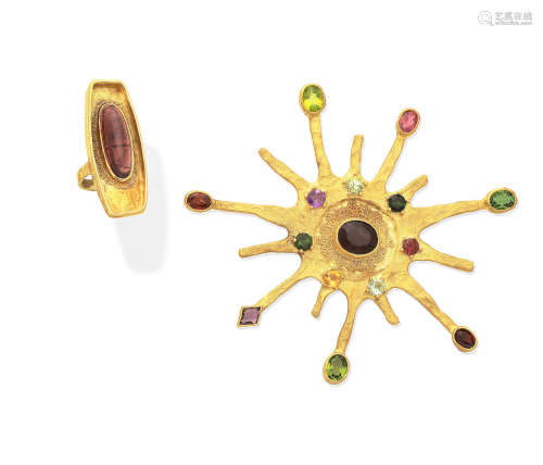 (2) A gem-set brooch/pendant and a tourmaline ring, by Ed Wiener