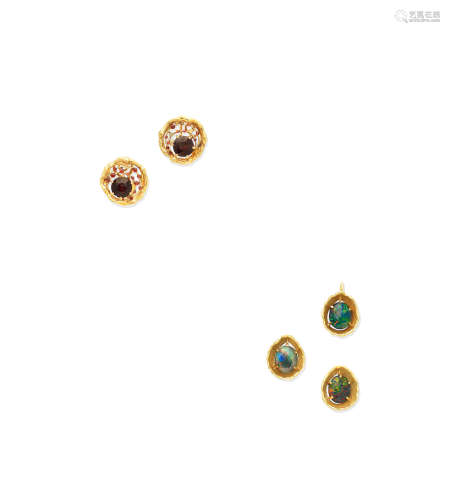 (3) An opal doublet earring and pendant suite, 1986 and a pair of garnet earclips, 1977, by John Donald