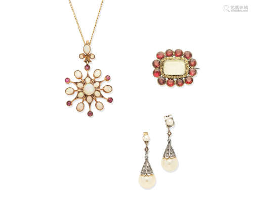 (3) An early 19th century garnet brooch, an opal and ruby pendant, circa 1900, and a pair of cultured pearl earrings