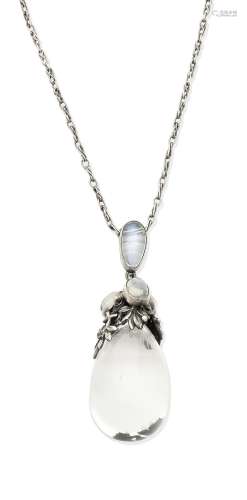 An Arts and Crafts rock crystal and moonstone pendant,  possibly by Amy Sandheim, circa 1920