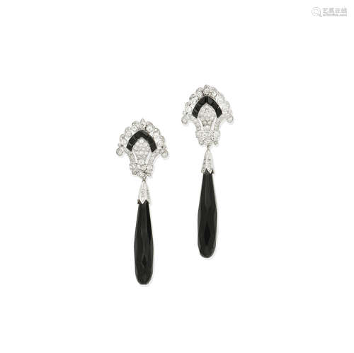 A pair of onyx and diamond pendent earrings