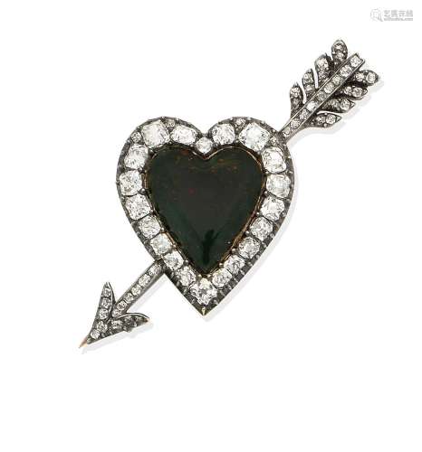 A bloodstone and diamond heart and arrow brooch, circa 1820