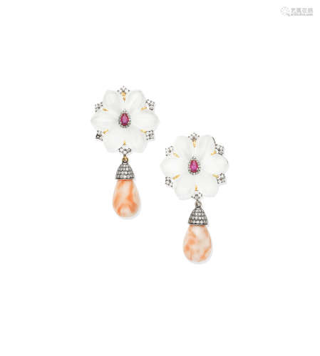 A pair of coral, rock crystal, ruby and diamond pendent earrings