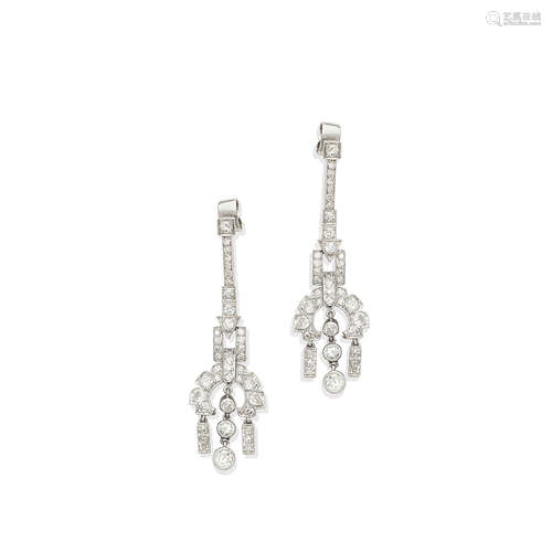 A pair of diamond pendent earrings