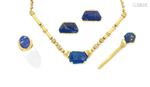 (4) A lapis lazuli and diamond necklace and brooch suite, by Misani, circa 1980, a lapis lazuli ring and pair of earrings