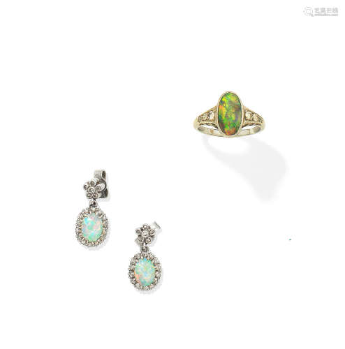 (2) An early 20th century opal and diamond ring and a pair of opal and diamond earrings
