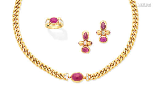 (3) A ruby and diamond necklace and ring, by Bulgari, and a pair of ruby and diamond earclips