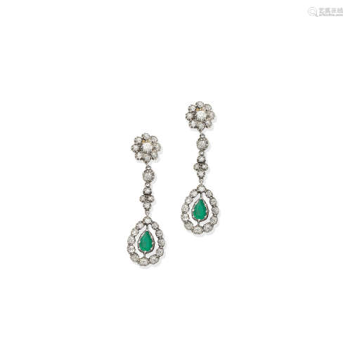 A pair of emerald and diamond pendent earrings