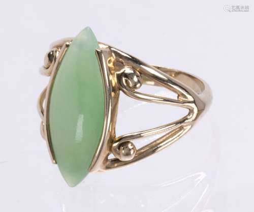 Jadeite and 14k yellow gold ring Featuring (1) navette shaped jadeite cabochon, measuring