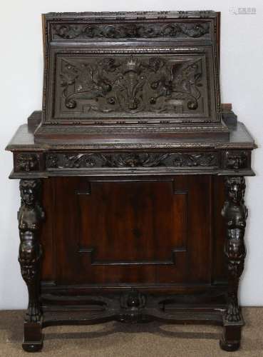 Continental fall front desk executed in the Renaissance taste circa 1860, having a slant front