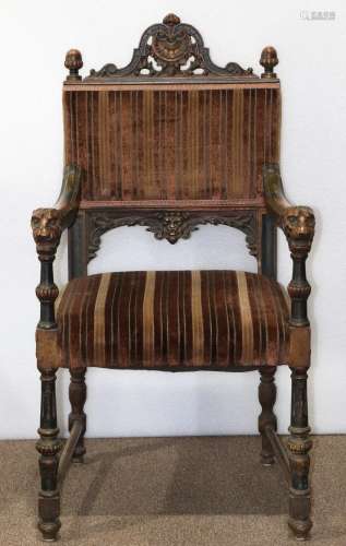 Renaissance style hall chair circa 1890, having a pierced crest above the rectangular back, the