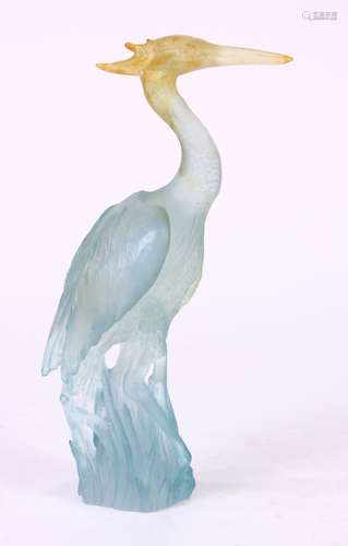 Daum, France, pate de verre figural sculpture of a heron, executed in orange to blue, depicted