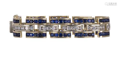 Sapphire, diamond and 14k yellow gold bracelet Featuring (100) round-cut sapphires, weighing a total