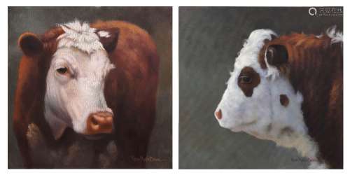 (lot of 2) Karen Harper Barone (American, 20th century), Brown California Cows, oil on canvas,