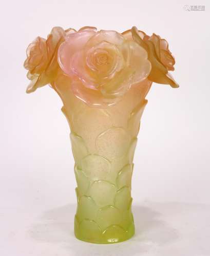 Daum, France pate de verre vase, the rim decorated with roses in light pink/orange, above the