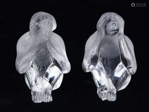 (lot of 2) Daum, Nancy frosted glass monkeys, each depicted seated, one covering its eyes, 