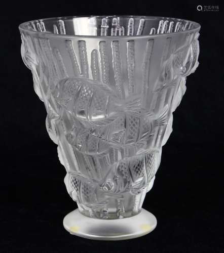 Lalique, France, frosted glass vase, decorated with tropical fish surrounded by coral, and rising on