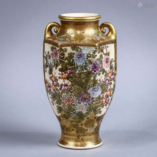 Japanese Satsuma vase, 19th century, with a rounded hexagonal body with handles, chrysanthemums on