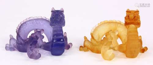 (lot of 2) Daum France Pate De Verre limited edition crystal dragons, one executed in lavender