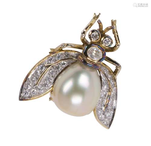 Cultured pearl, diamond and 14k yellow gold wasp brooch Designed as a wasp, featuring (1) cultured